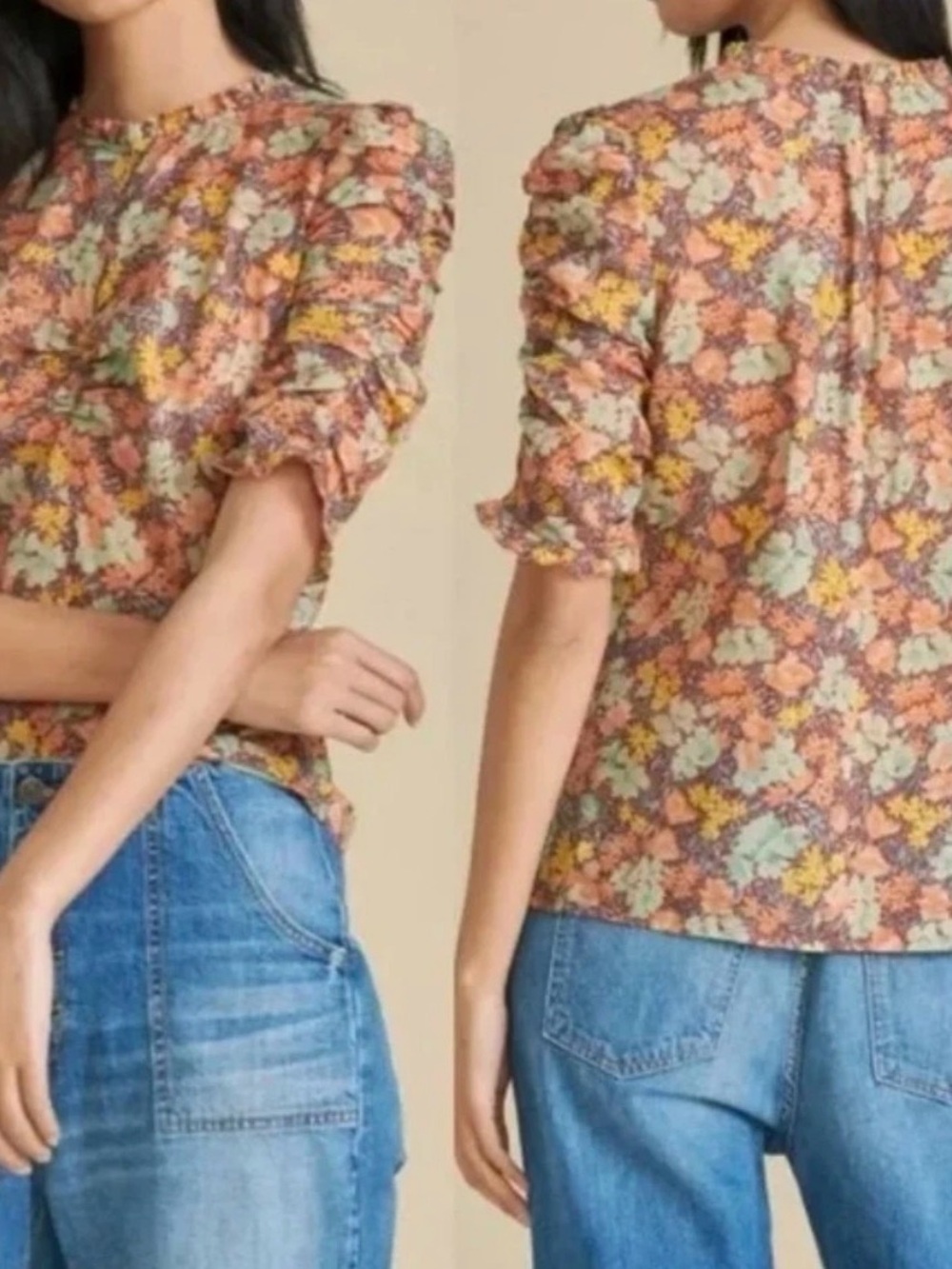Veronica Beard Natuka Floral Ruched Short-sleeve Blouse Multicolor Women's Sz 2